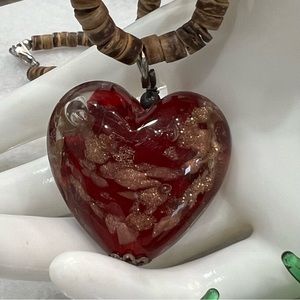 Hand Blown Glass Red Heart w/ Rosetone Glitter Detail Pendant Necklace